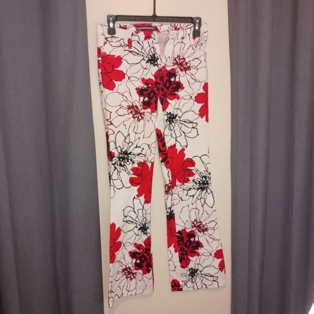 PEP 1 White Red Floral Print Flare Leg‎ Lightweight Jeans festival Pants S